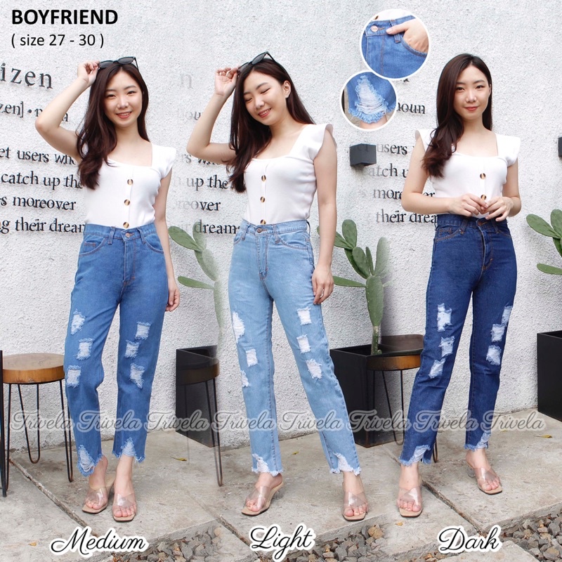 TRIVELA - Celana Boyfriend Sobek Lapis / Boyfriend Jeans Ripped / Folky Ripped Jeans