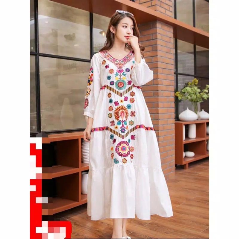 82280 Baju Dress import wanita Pakaian Casual Dress murah Baju panjang full bordir Putih/hitam new B