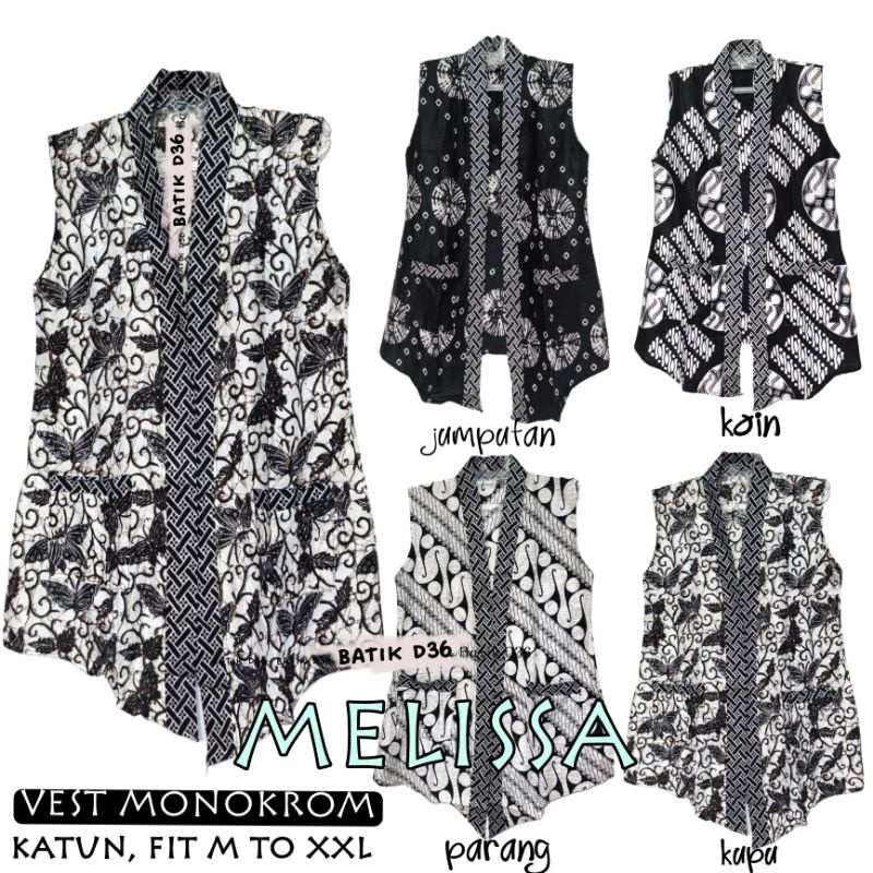 Vest monokrom katun saku ada jumbo melissa Baju luaran tanpa lengan motif batik wanita remaja cewek abg outer cardigan Cardi blazer rompi bolero cape kerja klasik hangout simple hitam putih kekinian cantik ayu trendy modis fashion terbaru 2023 rf