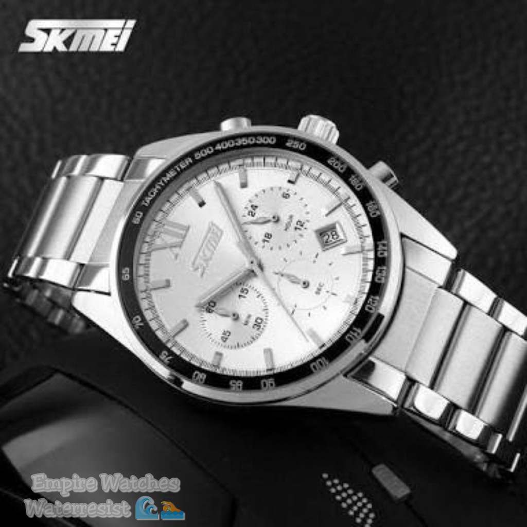 Jam Tangan Skmei 9096 Pria Analog Rantai Stainless Kualitas Original Waterproof