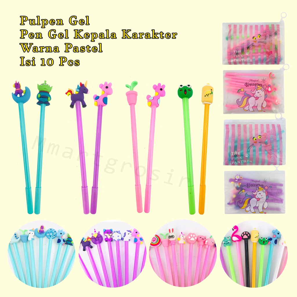 Pulpen Gel /Pen Gel Kepala Karakter / Warna Pastel /Isi 10 Pcs