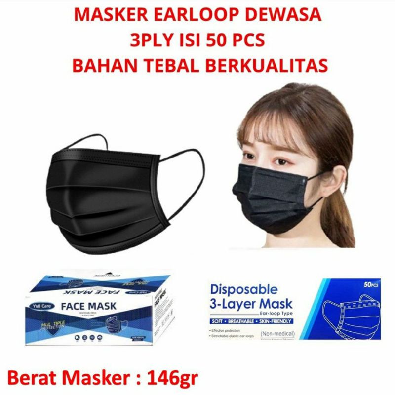 Masker Hitam 3Ply Masker Earloop Black 50 Pcs Face Mask Kesehatan 3Ply