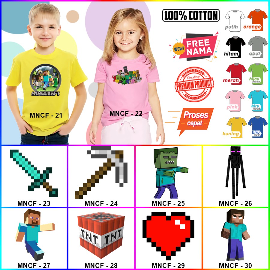 Baju Kaos ANAK DAN DEWASA MINECRAFT COUPLE (FREE NAMA)