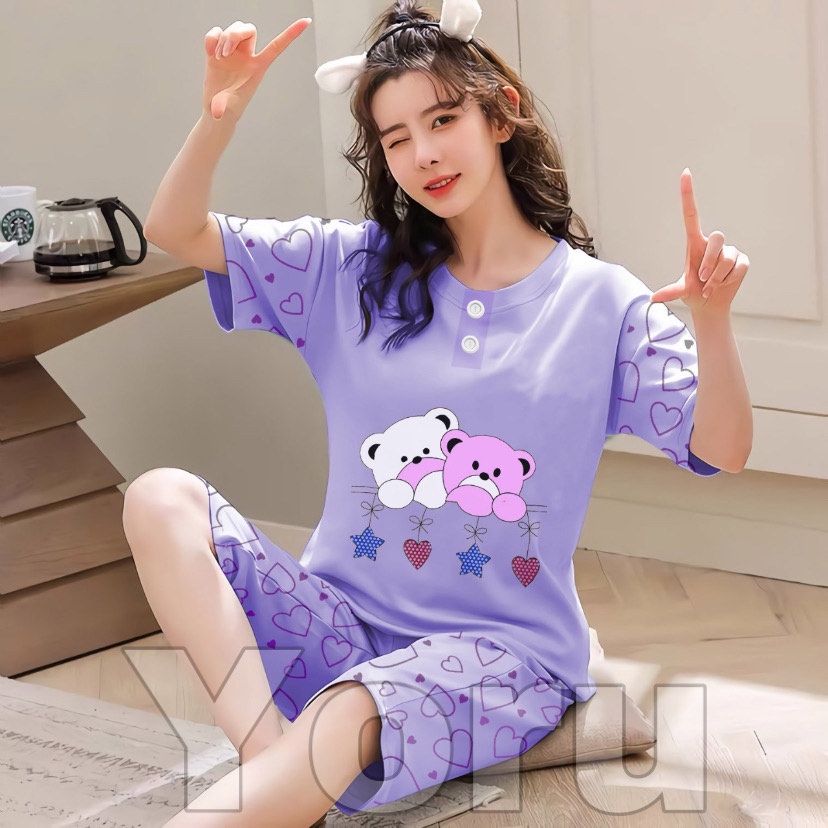 Pamelo Piyama 3/4 Baby Doll Murah Suplier Sleep Wear All Size Baju Tidur Wanita kaos Katun Stelan Stage2 Baju Tidur Murah Produk Terlaris-Luv 2 Bear Ungu