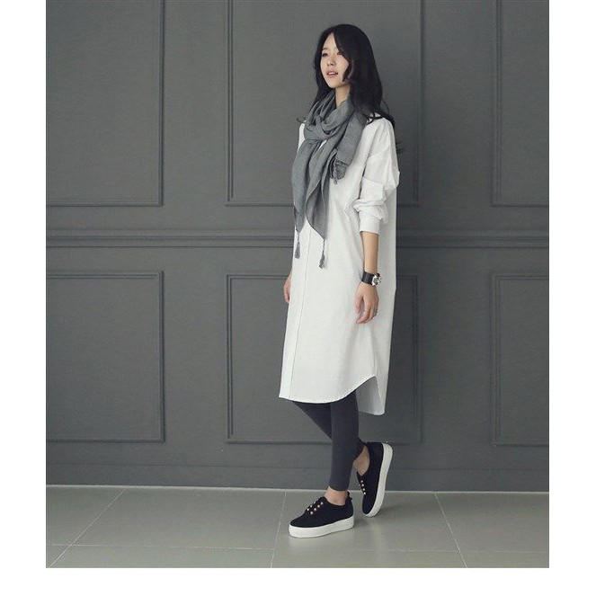 31127 Dress Putih Polos Kemeja Dress White Long Shirt Dress