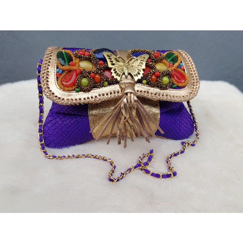Clutch pesta kimberly size S warna ungu- clutch model minang / rinca asli tas kulit ular