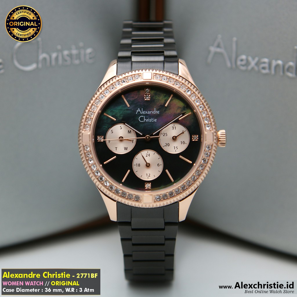 2020 Jam Alexander Christie Wanita AC 2771BF Black Rosegold Original - Cantik, Mewah, Elegan