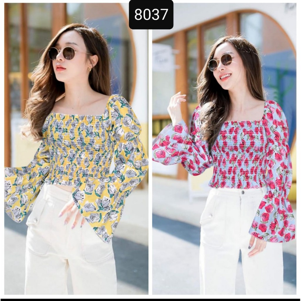 Vlovesjkt - blouse smoke tangan panjang motif bunga|Blouse wanita import premium|Blouse import Bkk|O