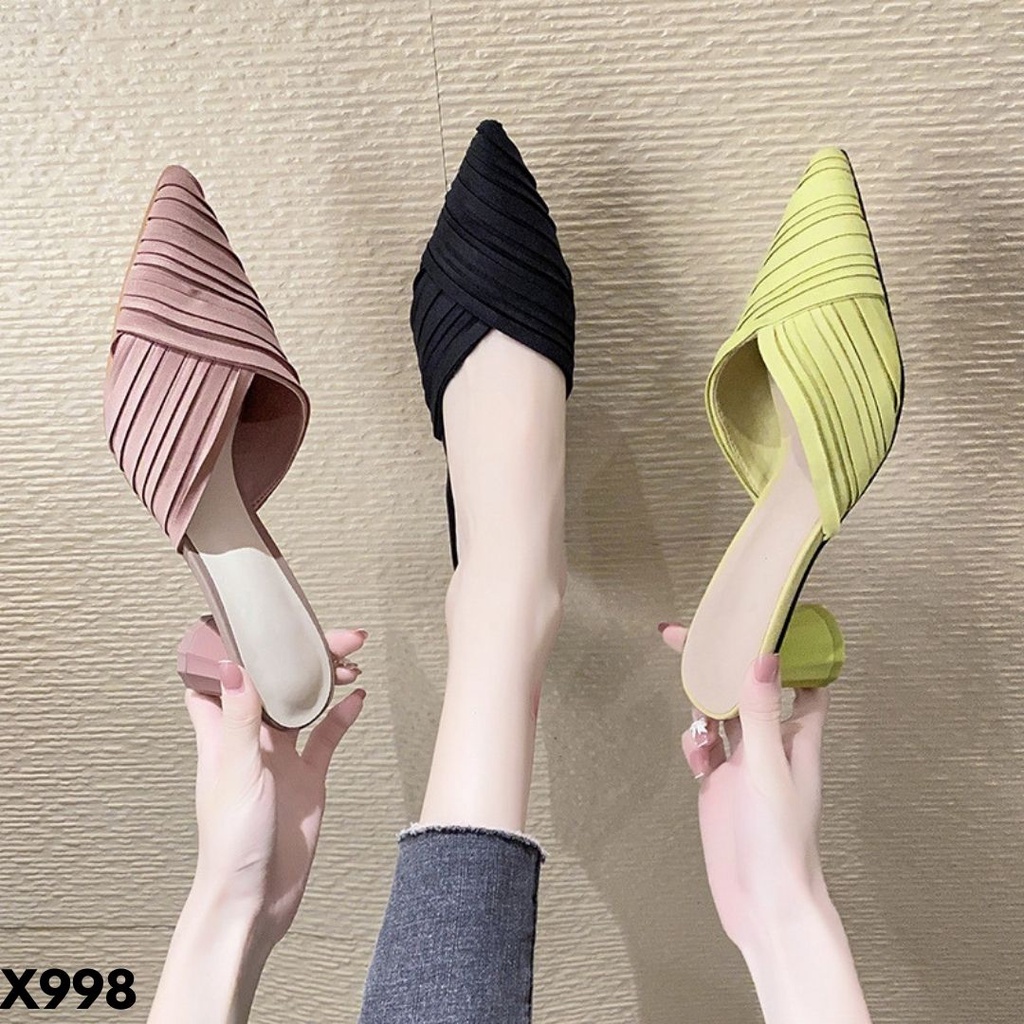 HIGH HEELS WANITA CLOSED TOE WARNA BASIC TO PRO STYLE BAHAN PU KOMBI KAIN CANTIK IMPORT 998