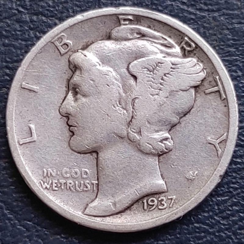 Koin Perak Kuno 1 Dime Mercury Amerika Tahun 1937 Silver Coin