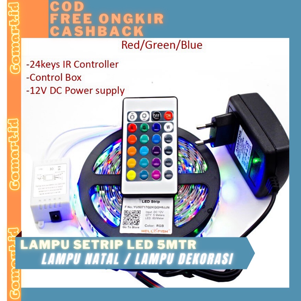 Lampu Strip LED RGB IP44 3528 Komplit Adaptor Remote / Lampu Hias Natal /  Lampu Dekorasi Outdoor