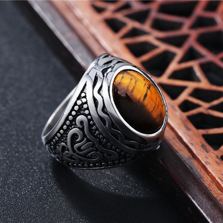 Batu Pirus Dan Mata Harimau Cincin Jari Baja Titanium Perak Pria Punk Fashion Perhiasan Rings