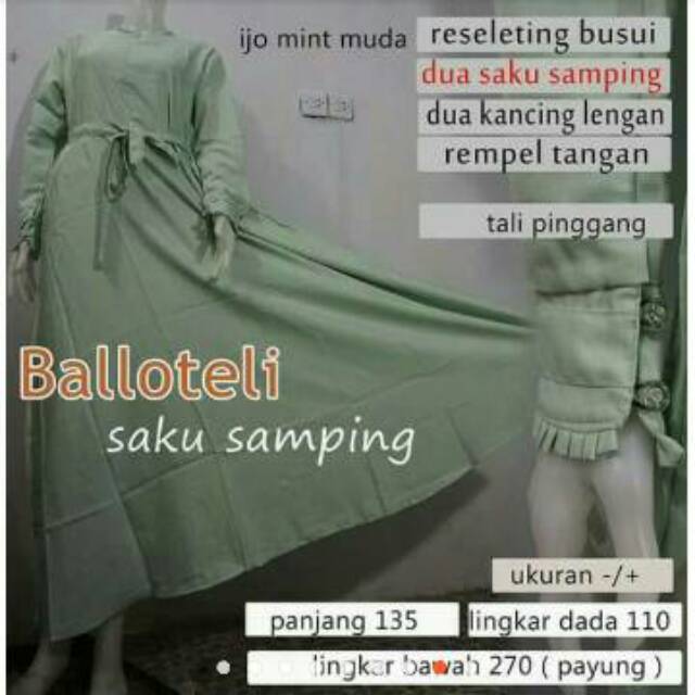 Terbaru! Gamis Balotelli Lengan Rempel Kancing / Baloteli Tali Pinggang / Gamis Wanita Anggun Murah