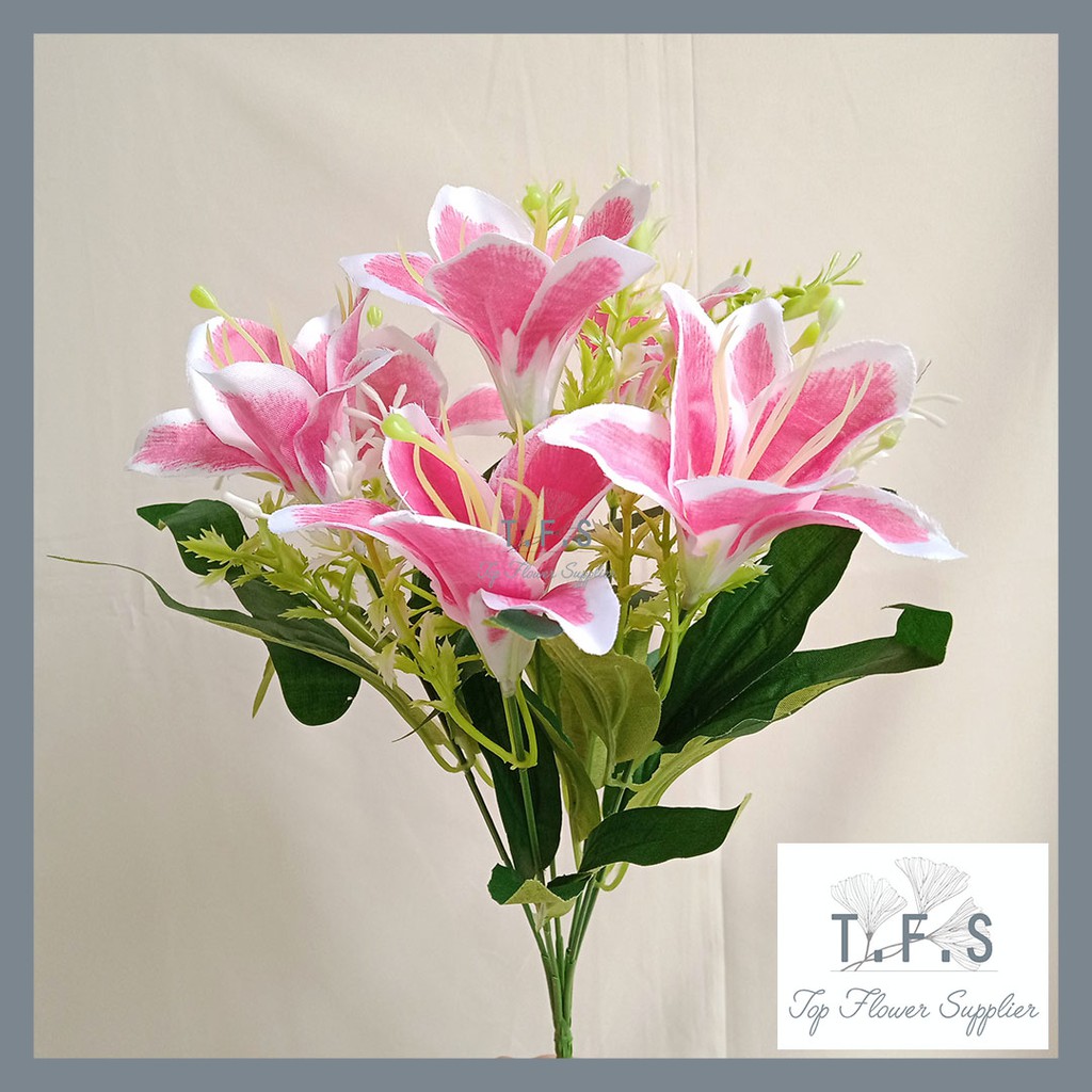Artificial Lilium Flower Bunga Lily Cabang Palsu Plastik Dekor Pajangan Hiasan Meja Ruang Tamu-PINK
