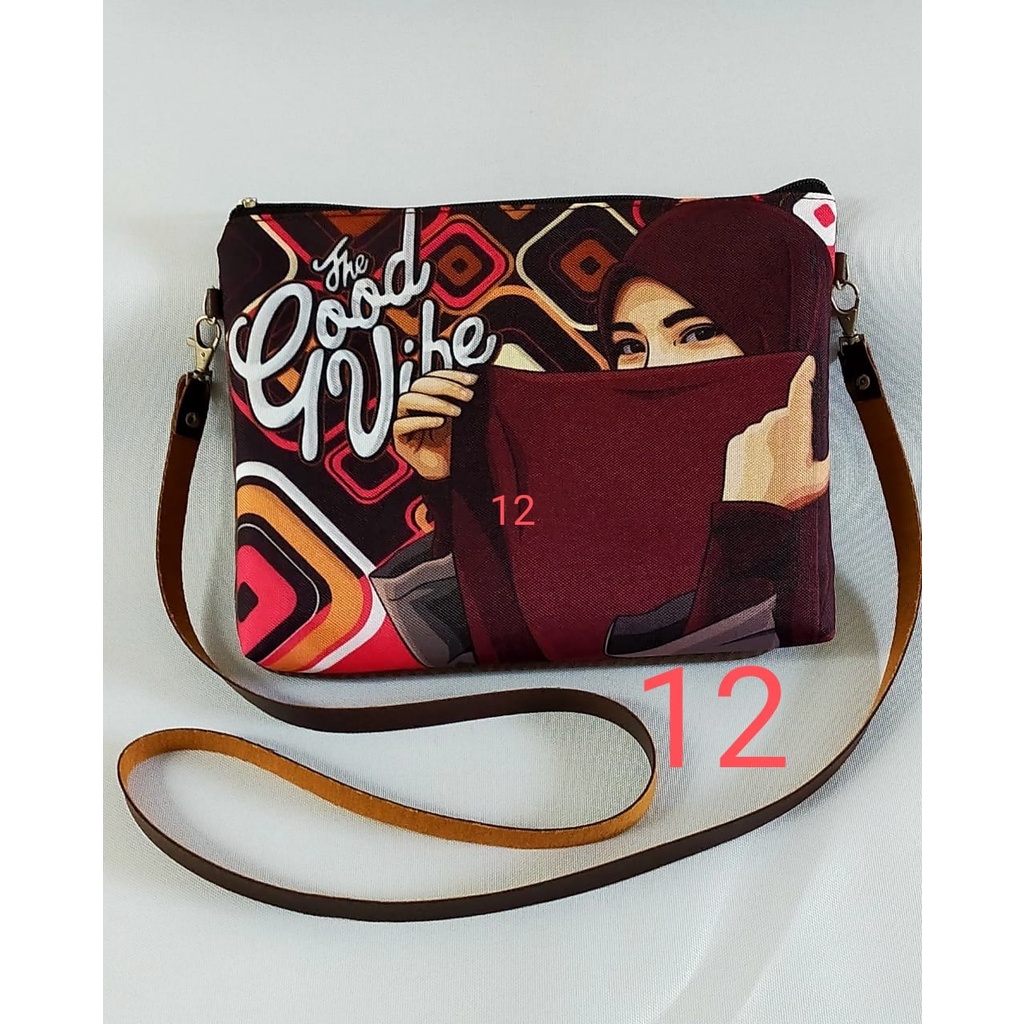 Tas Selempang Printing Hijab Wanita / Sling Bag Tali Kulit Canvas Sablon Karakter