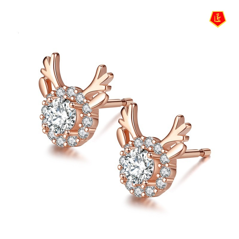 [Ready Stock]New 925 Silver Rose Gold Diamond Elk-Shaped Stud Earrings