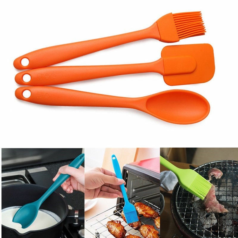 3pcs / set Sendok Spatula Pengikis Bahan Silikon Warna Acak Untuk Alat Memasak