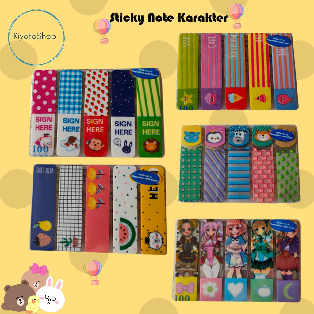 

Sticky Note Plastik Stick On Printed Flag Karakter | Pembatas Buku Plastik Karakter Lucu Isi 100