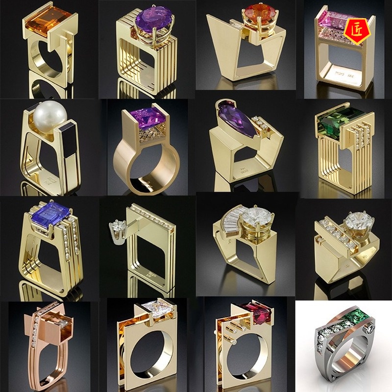 [Ready Stock]Creative Gold Inlaid Colored Gems Geometric Shape Ring for Women