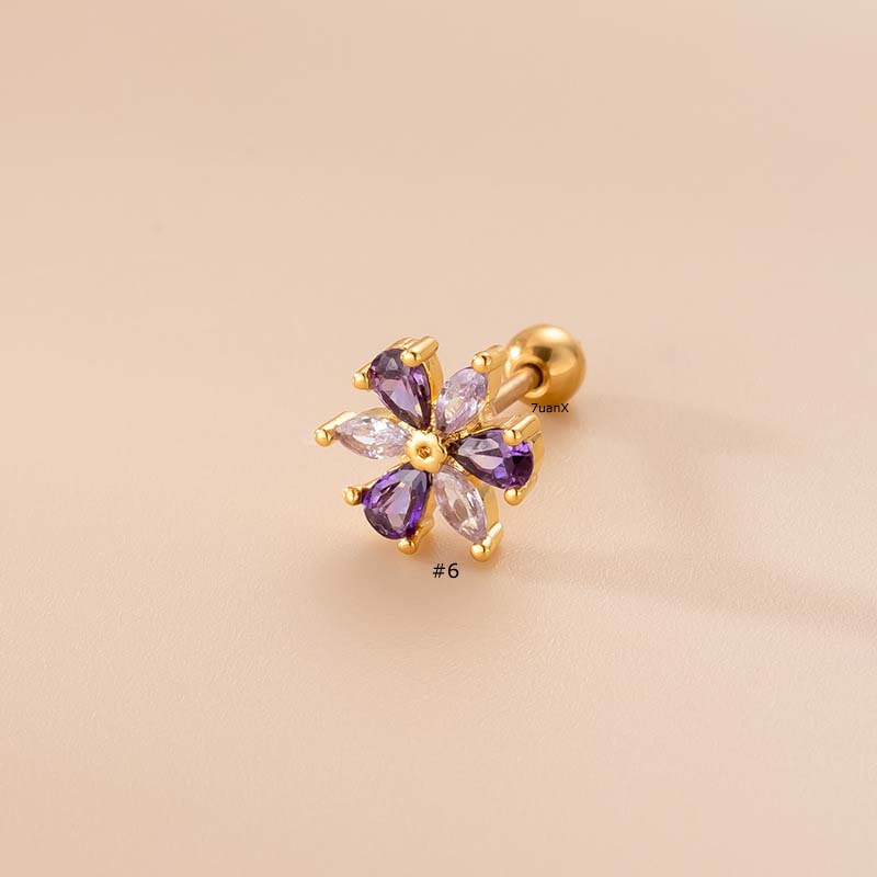 1 Pc Anting Stud Tindik Bentuk Anggur Hati Bunga Ungu Bahan Stainless Steel 316l 20Gauge