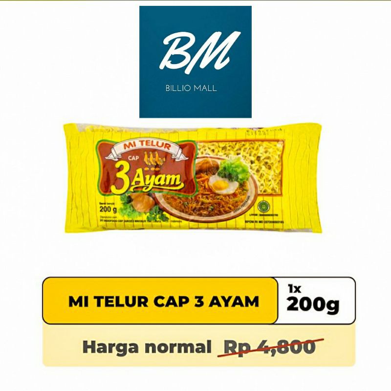 

Mie Telur Cap 3 Ayam 200 gr / Mie Telor Cap 3 Ayam 200 gr / Mie Telor 3 Ayam Kuning 200 gr Egg Noodle