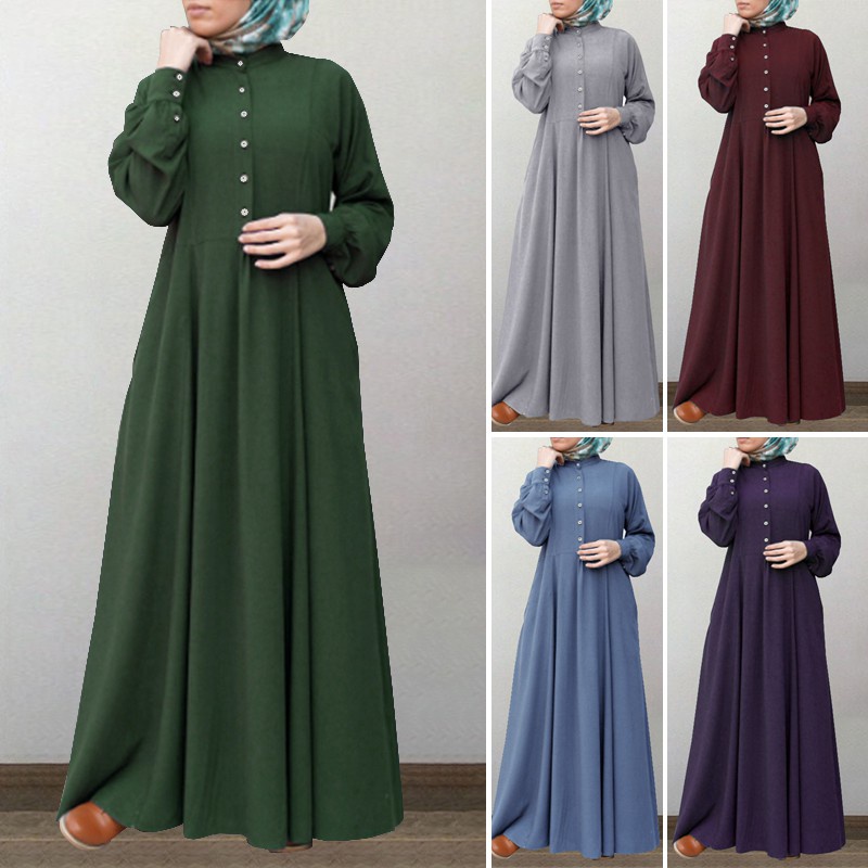 ZANZEA Women Muslim Buttons Long Sleeve High Waist Solid Color Maxi Dress