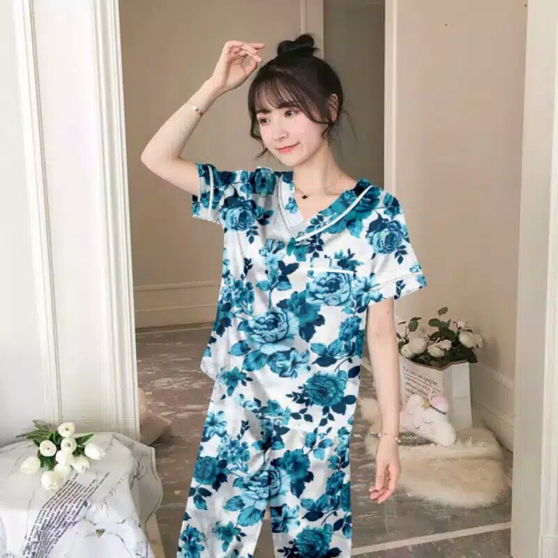 Piyama Wanita Model Terbaru Mawar Biru Baju Tidur Seksi Piyama Seksi