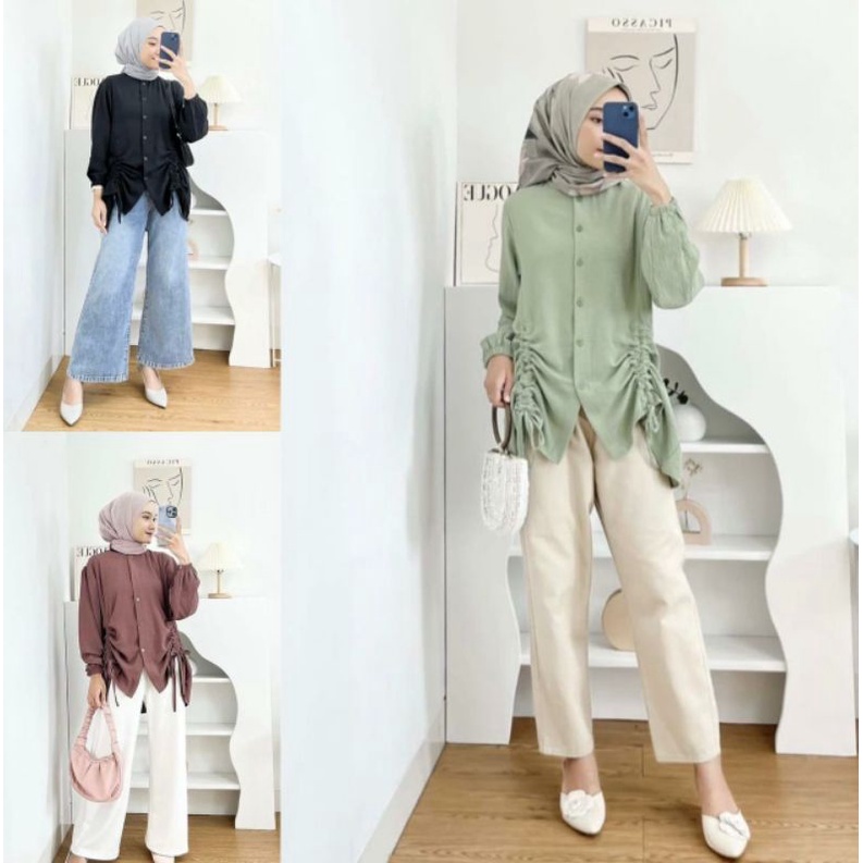 ZEE_GROSIR - MELA TOP BLOUSE CRINCLE ATASAN WANITA TALI SERUT - BLOUSE KEMEJA WANITA CRINCLE