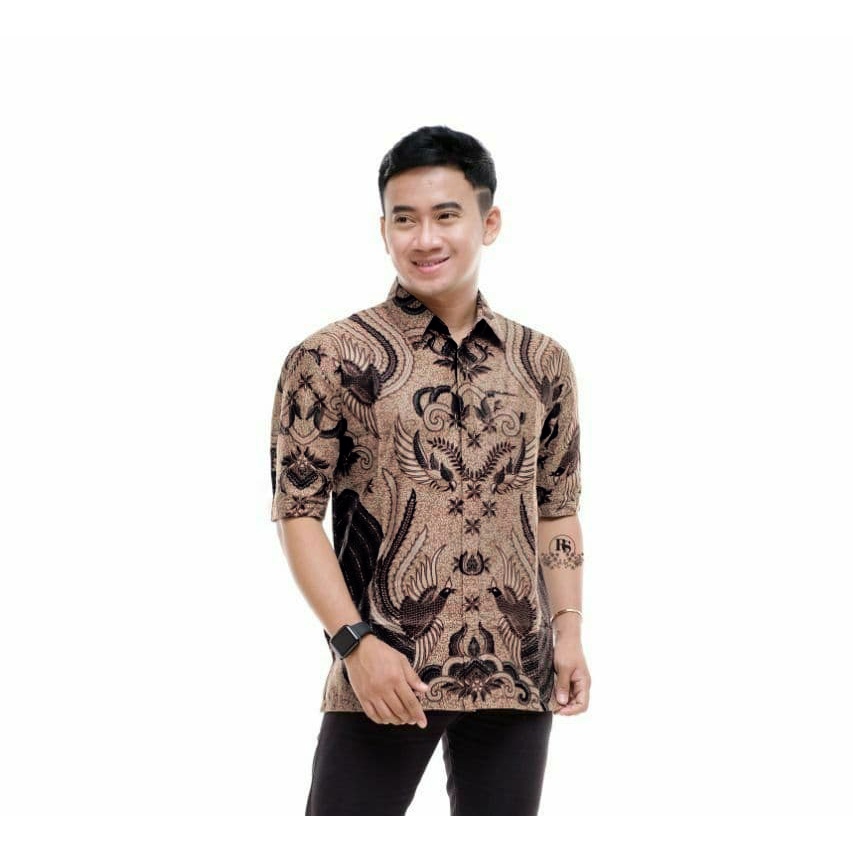 KEMEJA HEM BATIK PRIA LENGAN PANJANG COUPLE KEMEJA HEM MOTIF IRONMEN COKLAT