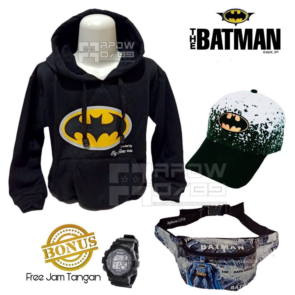 [BIG SALE]PAKET KOMPLIT SETELAN ANAK 4 IN 1 HOODIE_WAISTBAG_TOPI_JAM DIGITAL MOTIF BATMAN