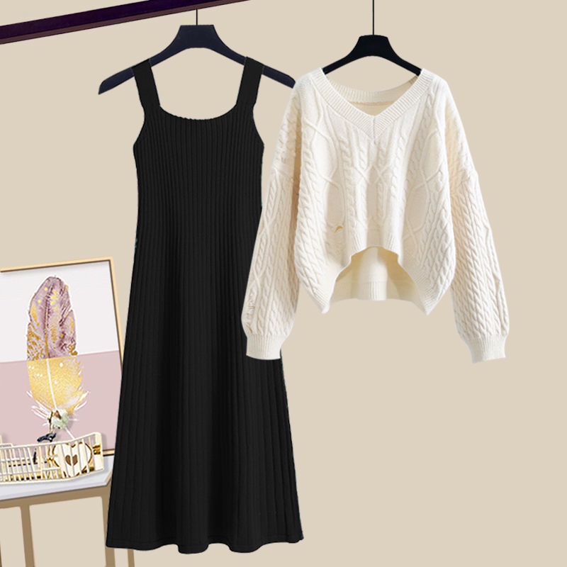 Autumn winter suit women 2021 new large women's dress fat mm knitted sweater thin versatile dress tw