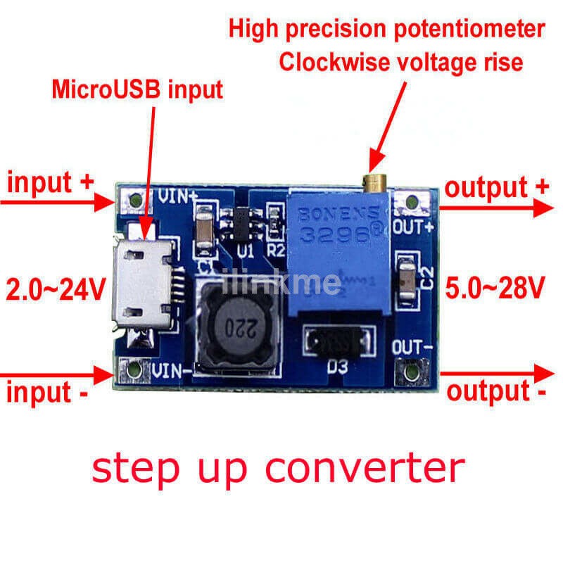 MT3608 DC-DC Voltage Step Up Adjustable Boost Power Module 2A 2-24V to 5-28V