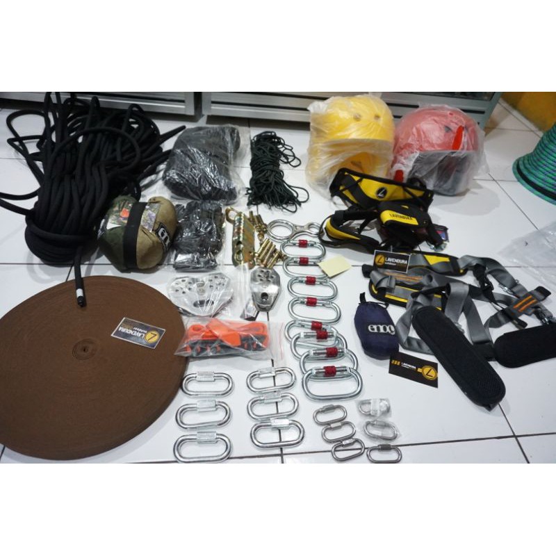 Paket lengkap mini flying fox anak paket outbound mini harness karmantel safety rescue carabiner
