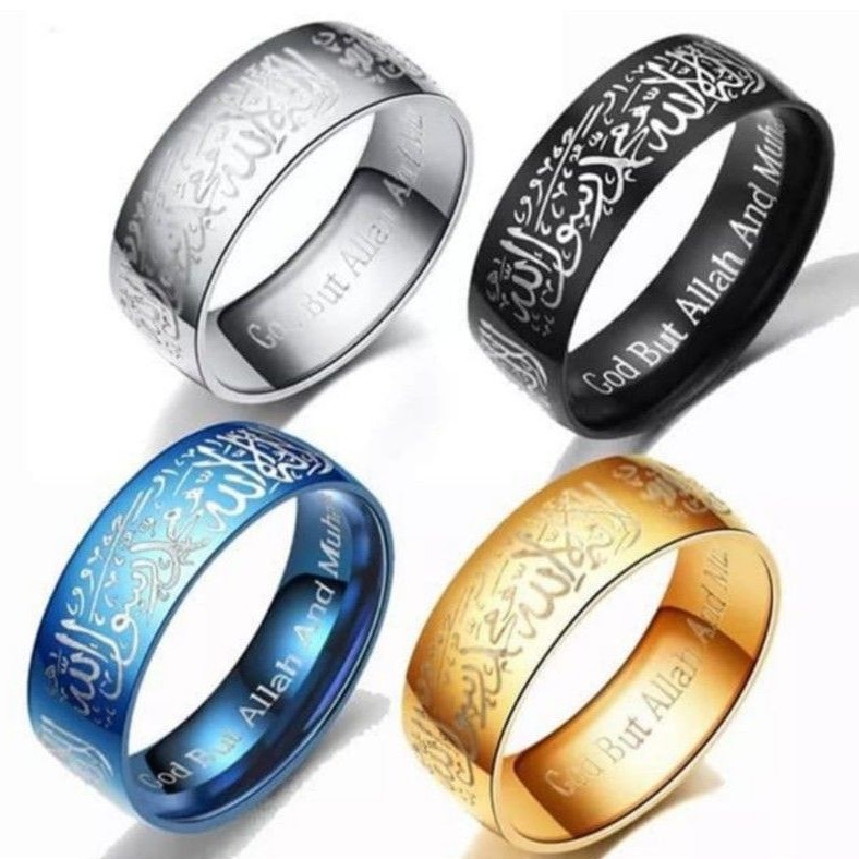 CINCIN TAUHID TITANIUM HITAM SILVER BIRU GOLD ANTI LUNTUR ANTI KARAT / CINCIN LAFADZ SYAHADAT ISLAM / CINCIN PRIA WANITA ANAK COUPLE TUNANGAN / DUNIAGELANG.ID