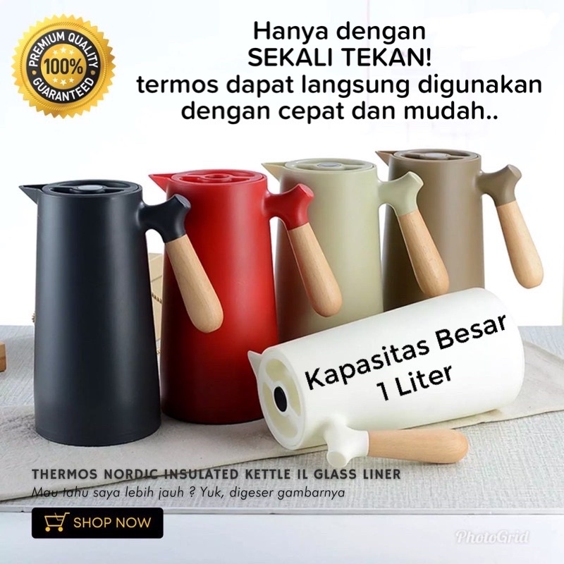 Teko Termos air panas Gagang kayu vacuum flask 1000ml