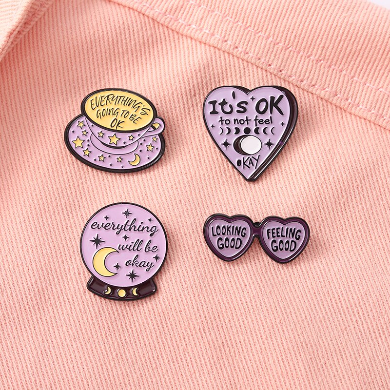 Everything Will Be OK Enamel Pins Sunglass Coffee Crystal Ball Brooch Lapel Badge Bag Jewelry Gift Kids Friends