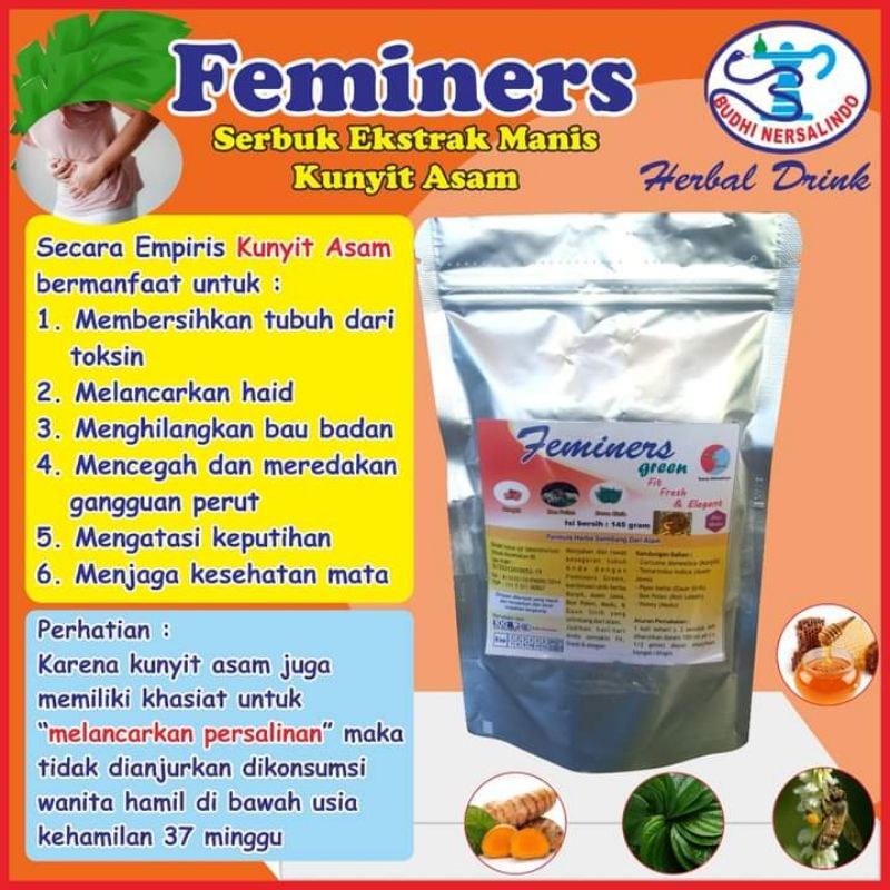

feminers green, kombinasi unik herbal kunyit,asam Jawa,bee polen,madu& daun sirih