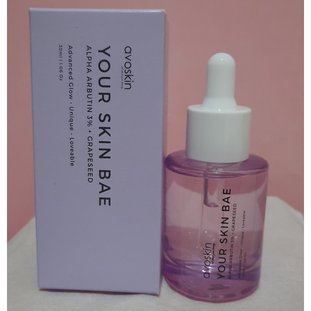 Serum Wajah Avoskin Your Skin Bae Alpha Arbutin 3% + Grapeseed - Mencerahkan &amp; Memudarkan Bekas Jerawat Di Wajah - Kemasan Ungu Alpa Arbutin Avo Skin Putih Glowing