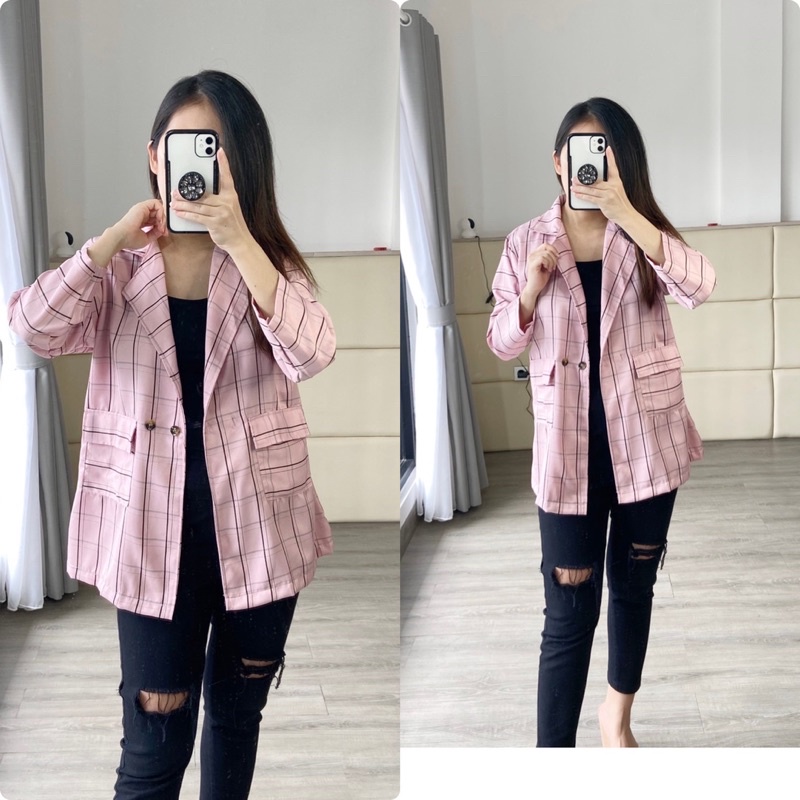 real pic blazer wanita lengan panjang / blazer plaid / blazer formal / blazer kerja / blazer hangout