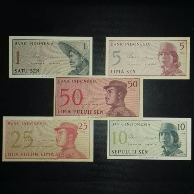 ( GRESS 5 LEMBAR) Uang Kuno 1 Set Sen Sukarelawan Asli 1 sen 5 sen 10 sen 25 sen 50 sen set dwikora tahun 1964 uang kuno sen rupiah  indonesia