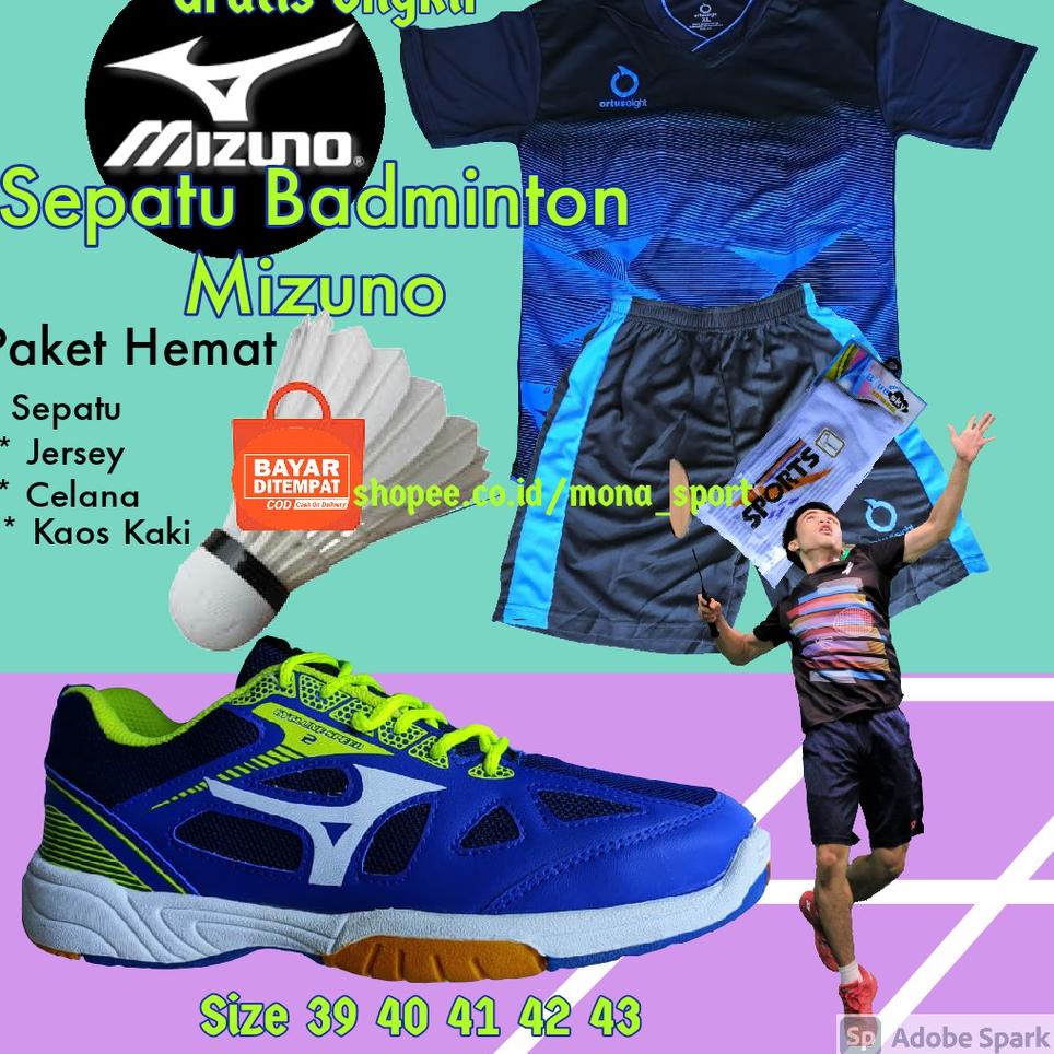 [PRODUK SHVLK] Sepatu Badminton Pria Mizuno Original Paket Sepatu Jersey Celana Kaos kaki KQY