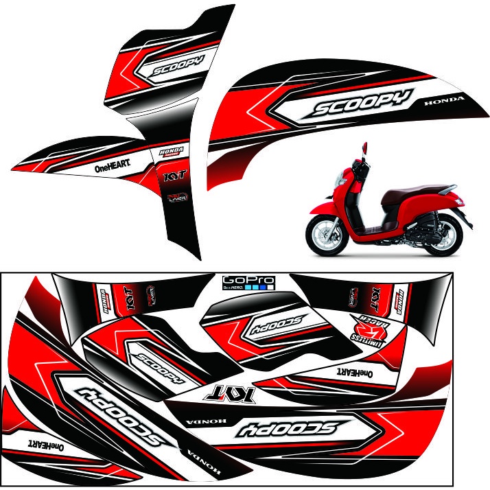 STRIPING STICKER VARIASI MOTOR HONDA SCOOPY NEW 2017 SAMPAI 2019 MOTIF RACING STYLE MERAH LIST PUTIH
