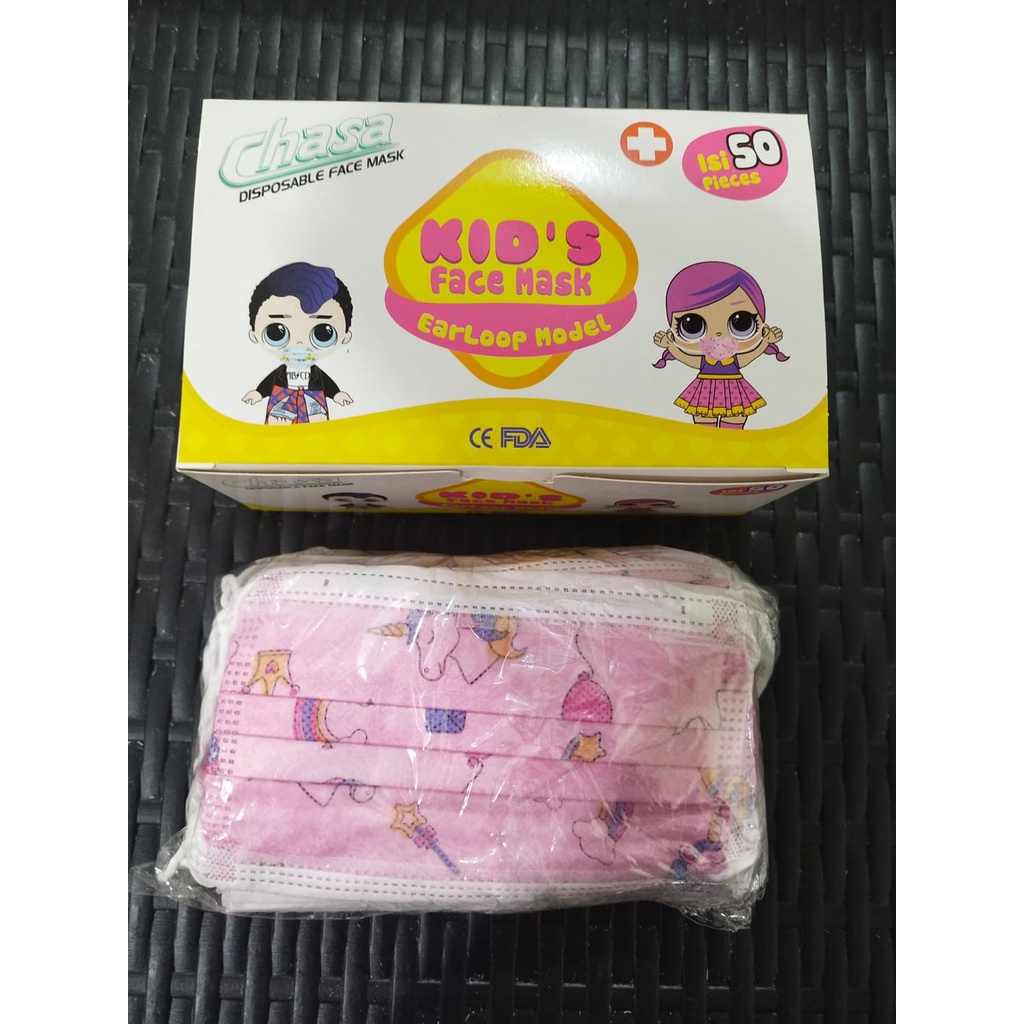 Masker Anak 3ply isi 50 Pcs Earloop 3-14 Tahun Premium Quality