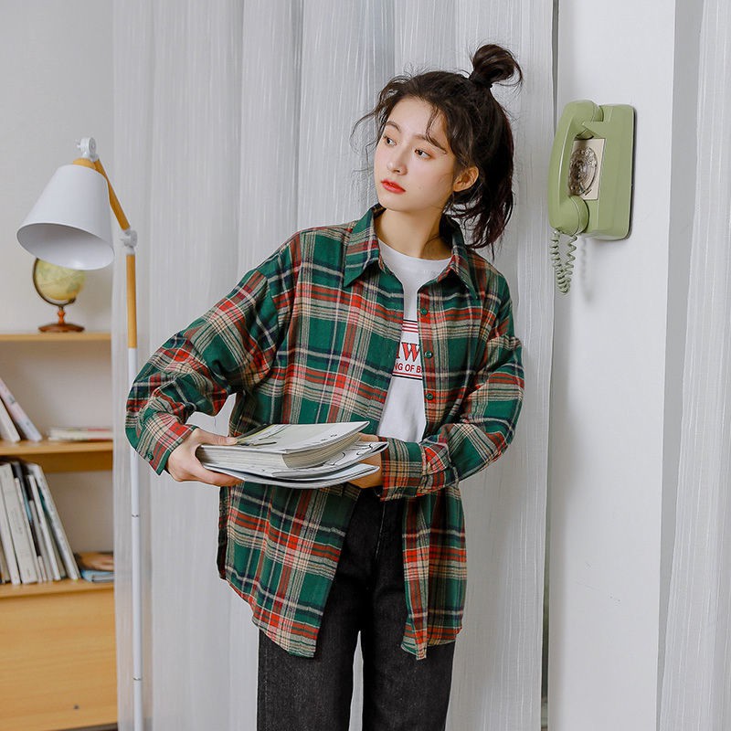 Kemeja Wanita Casual Lengan Panjang Model Longgar Motif Kotak-Kotak KoreaStyle Atasan M-3XL-merah Hijau