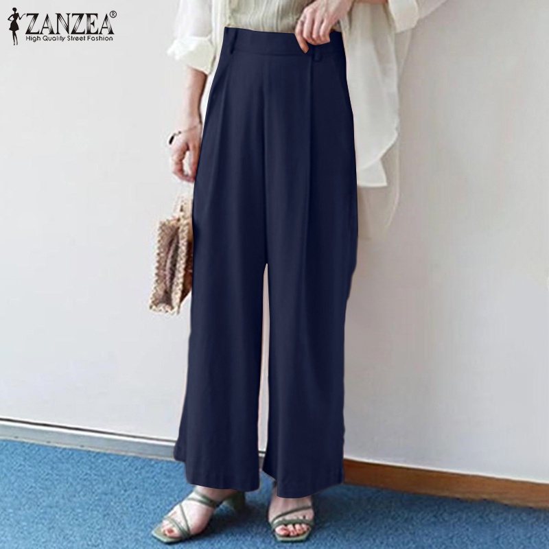 ZANZEA Women Fashion Solid Color Casual High Waist Wide Leg Long Pants