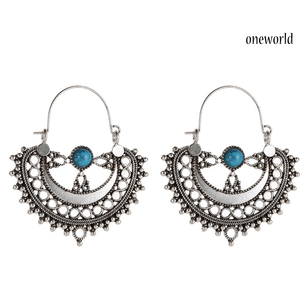 OW@ Ethnic Hollow Pattern Artificial Turquoise Chandelier Dangle Earrings Women Gift