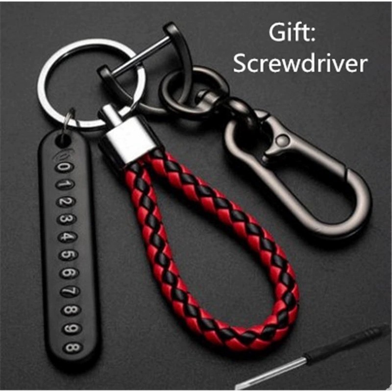 Set Gantungan Kunci Mobil Motor Tag No HP Buckle Tali Car KeyChain-Merah HItam