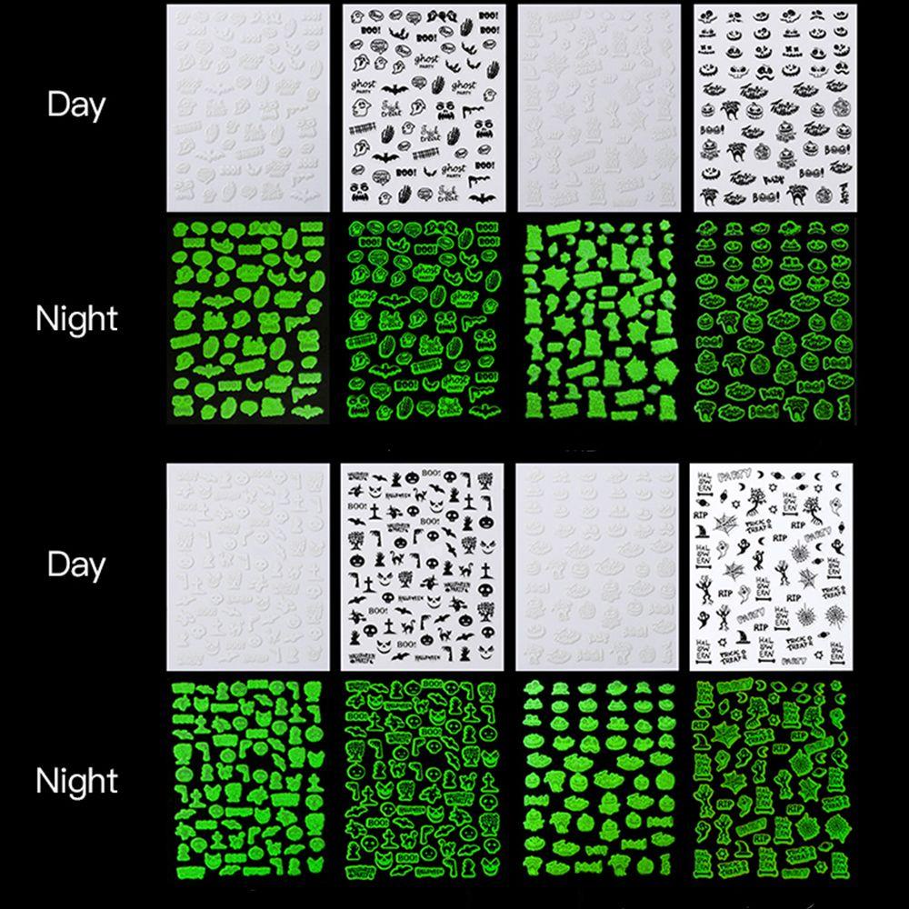 AUGUSTINA Agustinina Halloween Kuku Stiker Musim Dingin Kelelawar Hantu Putih &amp; Hitam Pesta Halloween Glow in the Dark Neon Nail Decals