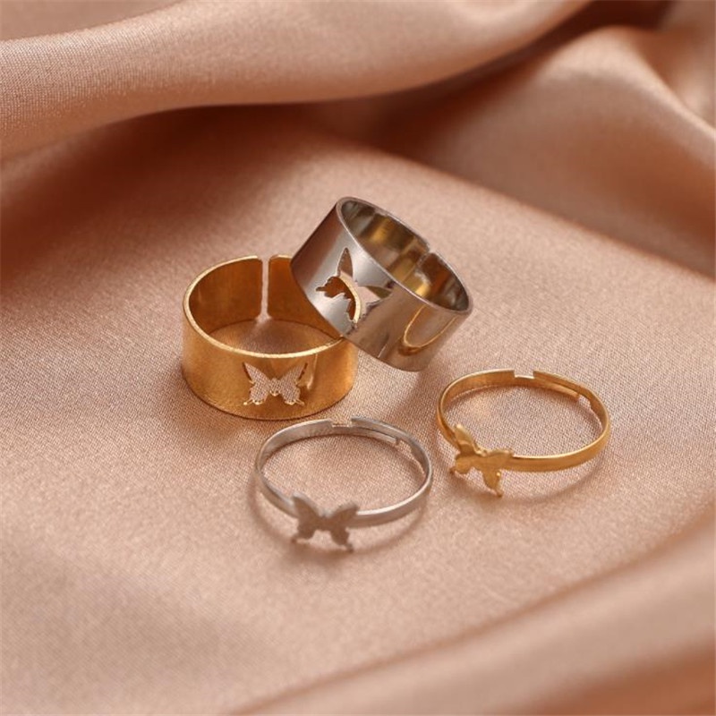 [ACKER] 2Pcs/Set Mode Kupu-kupu Cincin Set Pasangan Korea Cincin Hollow Jari Cincin Wanita Perhiasan Aksesoris Hadiah