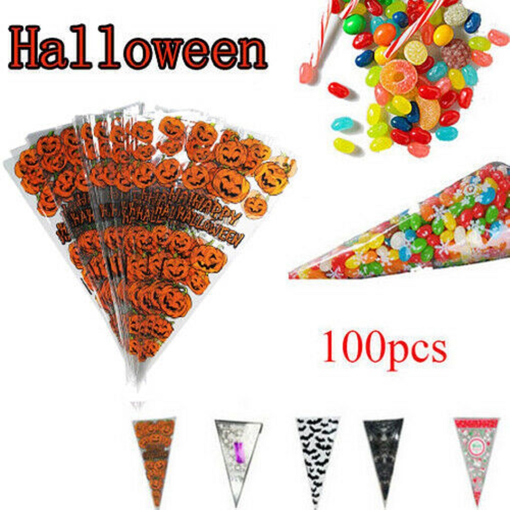 【COD Tangding】100pcs Kantong Permen Bentuk Segitiga Motif Print Bahan OPP Food Grade Untuk Natal / Halloween